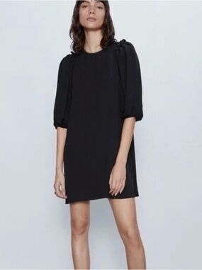 Zara Black Puff-Sleeve Mini Dress